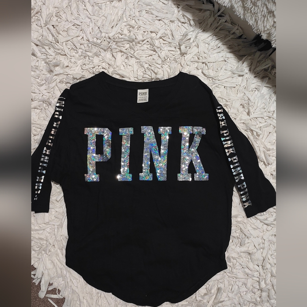 Black PINK Long Sleeve Shirt with Silver Glitter Logo